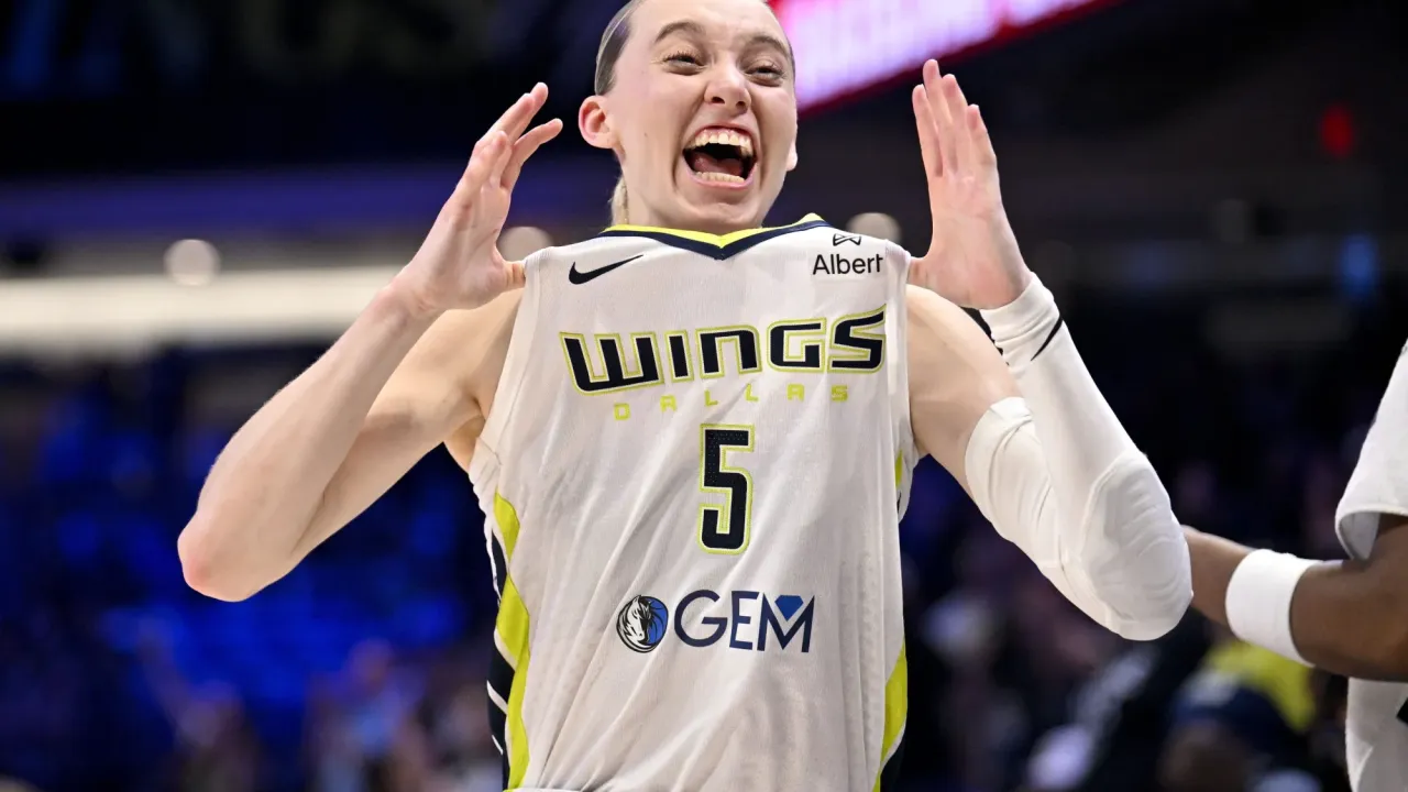 Dallas Wings guard Paige Bueckers (5) celebrates after the game against the Phoenix Mercury at College Park Center.
