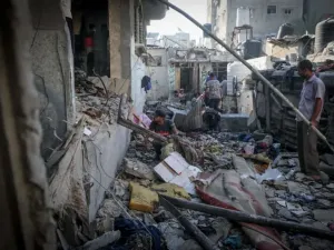 Destruction after an Israeli airstrike on a house in the Nuseirat refugee camp, west of Gaza City, September 27, 2025. (photo credit: Ali Hassan/Flash90)