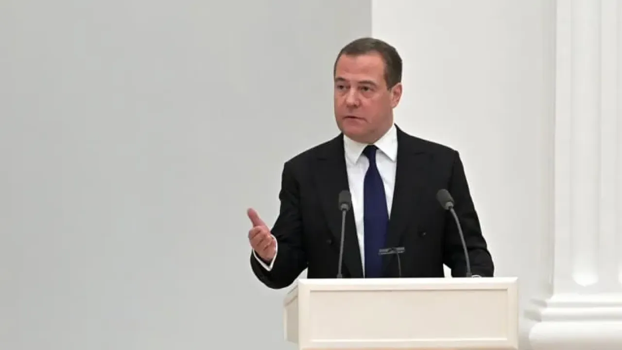 Dmitry Medvedev, Deputy Chairman of the Russian Security Council, speaks at a council meeting in Moscow. -/Kremlin/dpa