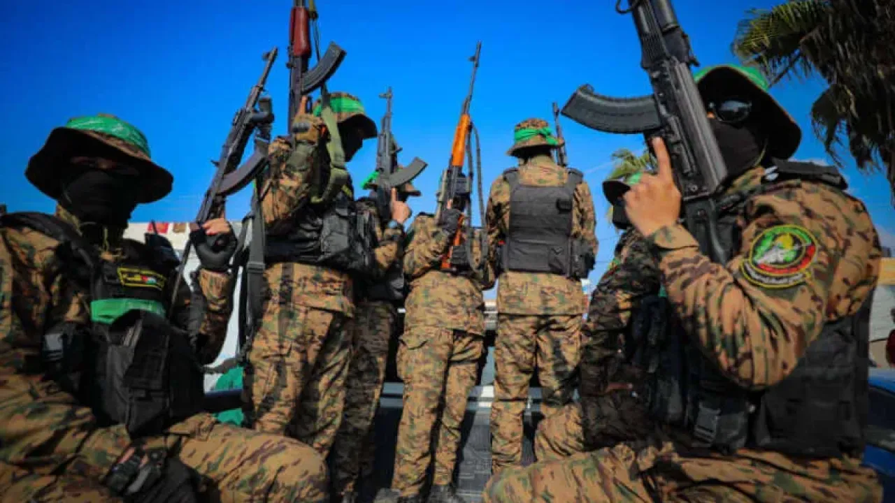 Hamas terrorists in Khan Yunis in the Gaza Strip. February 4, 2025. (credit: Ali Hassan/Flash90)