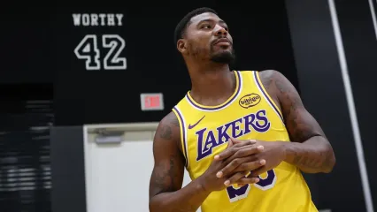 Lakers guard Marcus Smart takes part in media day at UCLA Health Training Center on Monday.