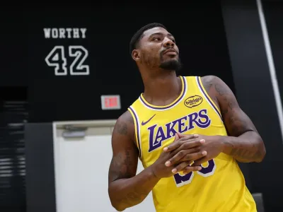 Lakers guard Marcus Smart takes part in media day at UCLA Health Training Center on Monday.