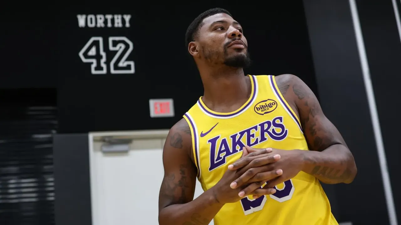 Lakers guard Marcus Smart takes part in media day at UCLA Health Training Center on Monday.