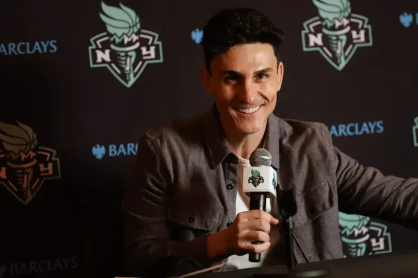 Liberty GM Jonathan Kolb speaks to the press during training camp at the Barclays Center on May 3, 2025. Heather Khalifa for the NY Post
