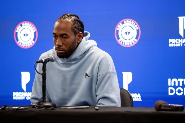 Los Angeles Clippers forward Kawhi Leonard speaks during the NBA.
