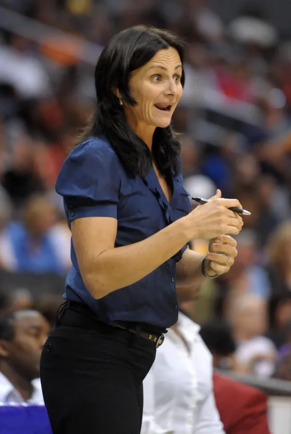 Los Angeles Sparks assistant coach Sandy Brondello speaks from the sideline during a WNBA game on Aug. 18, 2011.