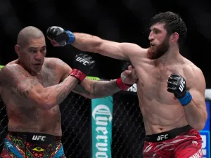 Magomed Ankalaev (right) during his points win over Alex Pereira (AP)