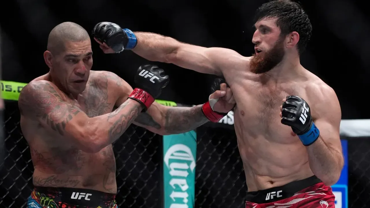 Magomed Ankalaev (right) during his points win over Alex Pereira (AP)