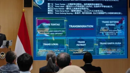 Menteri Transmigrasi (Mentrans) M Iftitah Sulaiman Suryanagara dalam Business Forum di Osaka Expo, Jepang, Senin (29/9/2025).