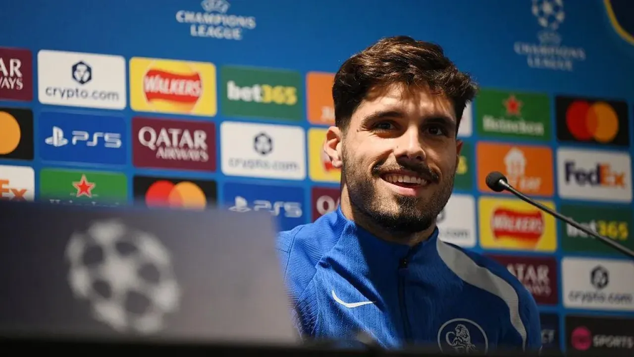 Pedro Neto of Chelsea speaks to the media