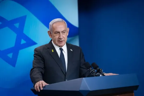 Prime Minister Benjamin Netanyahu gives a press statement in Jerusalem, on September 15, 2025 (photo credit: Chaim Goldberg/Flash90)