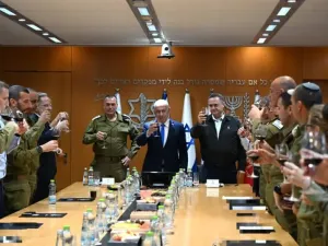 Prime Minister Benjamin Netanyahu toasts the Jewish New Year at the Kirya in Tel Aviv. September 22, 2025. (photo credit: HAIM ZACH/GPO)