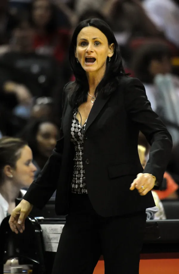 Sandy Brondello, coaching the San Antonio Silver Stars, shouts from the sideline during a game on Aug. 28, 2010.