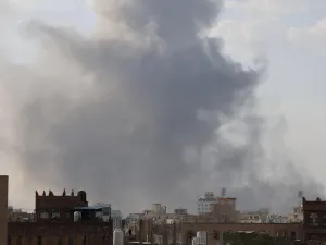 Smoke rises into the air above Sanaa, Yemen, after Israeli strikes on 25 September 2025