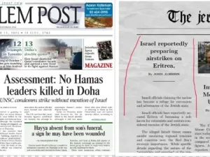 <span>Comparison screenshots of the original Jerusalem Post front page (left) and the fabricated edition </span>