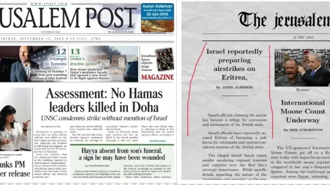 <span>Comparison screenshots of the original Jerusalem Post front page (left) and the fabricated edition </span>