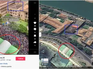 <span>Screenshot comparison of the falsely shared video (left) and Google Maps imagery (right), with matching features highlighted by AFP</span>