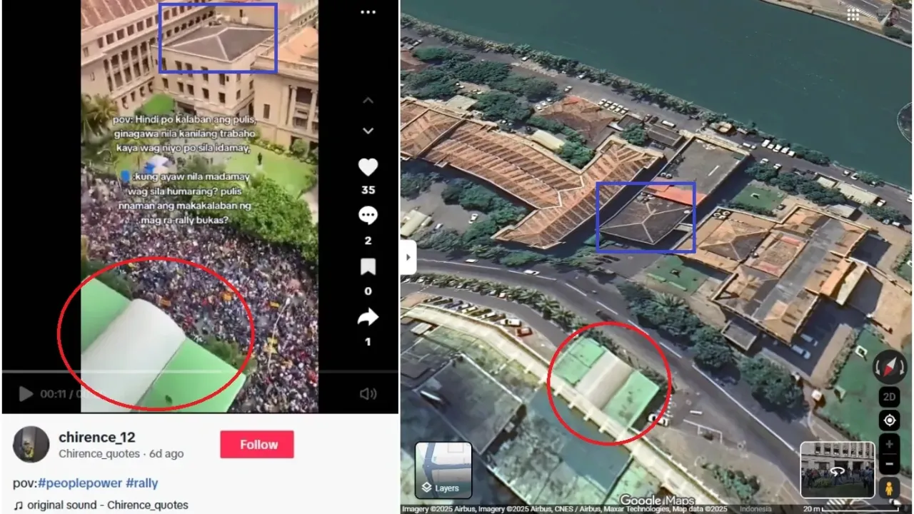 <span>Screenshot comparison of the falsely shared video (left) and Google Maps imagery (right), with matching features highlighted by AFP</span>