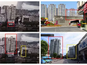 <span>Screenshot comparison of zoomed in frames from the video (L) and images from Baidu Maps, with matching visuals highlighted by AFP</span>