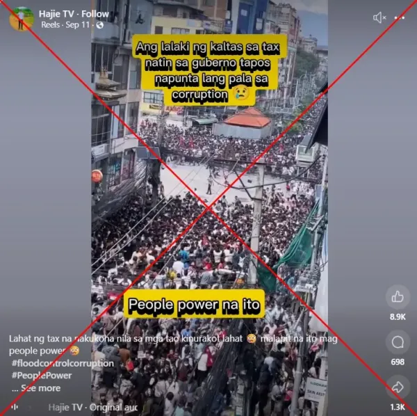 <span>Screenshot of the false Facebook video captured on September 28, 2025, with a red X added by AFP</span>