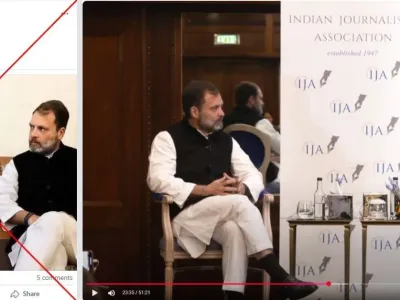 <span>Screenshot of the image in the false post (left) and the YouTube video of Rahul Gandhi (right)</span>
