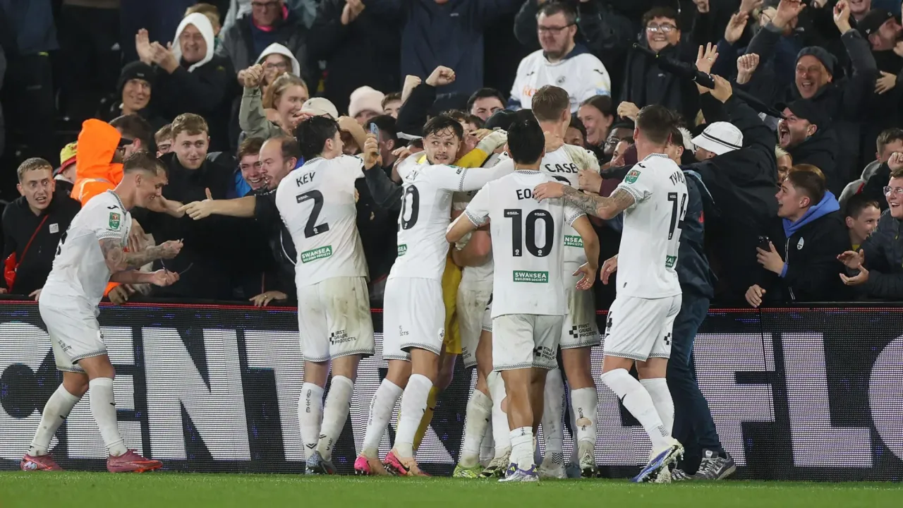 Swansea players celebrate during their victory over Nottingham Forest