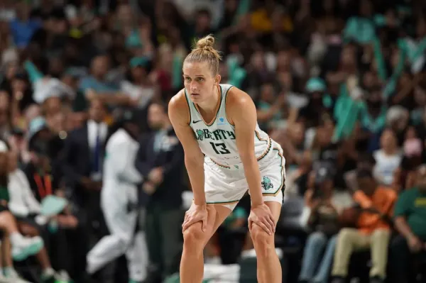 The Liberty’s Leonie Fiebich looks on during the game against the Seattle Storm on July 6, 2025 at Barclays Center. NBAE via Getty Images