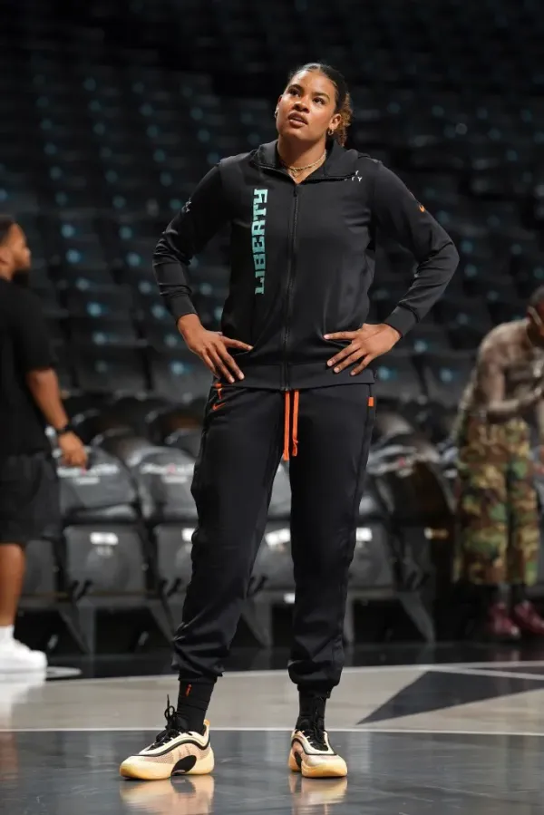The Liberty’s Nyara Sabally looks on before the game against the Dream on July 13, 2025 at Barclays Center. NBAE via Getty Images