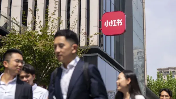 The Xiaohongshu Technology Co. logo at the company's headquarters in Shanghai, China, on September 15, 2025. - Raul Ariano/Bloomberg/Getty Images