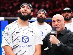 UFC Perth main event fighter Dominick Reyes standing with Joe Rogan.