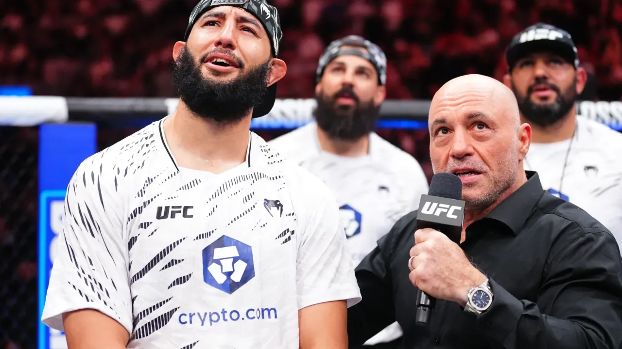 UFC Perth main event fighter Dominick Reyes standing with Joe Rogan.