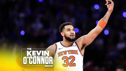 Karl-Anthony Towns #32 of the New York Knicks celebrates a basket against the Indiana Pacers during the second quarter in Game One of the Eastern Conference Finals of the 2025 NBA Playoffs at Madison Square Garden.  (Photo by Sarah Stier/Getty Images)