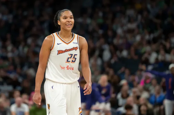 Sep 23, 2025; Minneapolis, Minnesota, USA; Phoenix Mercury forward Alyssa Thomas (25) in the second half against the Minnesota Lynx during game two of the second round for the 2025 WNBA Playoffs at Target Center. Mandatory Credit: Jesse Johnson-Imagn Images