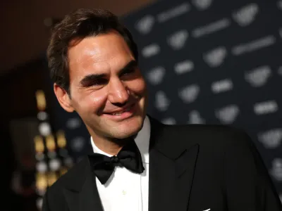 Retired tennis player Roger Federer reacts at the Opening Night Gala prior to the start of Laver Cup 2025 on Sept. 18 at the Bill Graham Civic Auditorium in San Francisco. Federer is on the ballot as a Tennis Hall of Fame nominee for 2026.