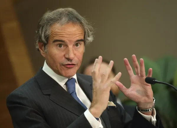 FILE - International Atomic Energy Agency (IAEA) Director General, Rafael Grossi, addresses the media after arriving at the Vienna International Airport in Schwechat, Austria, Tuesday, May 7, 2024. (AP Photo/Heinz-Peter Bader, File)(ASSOCIATED PRESS)
