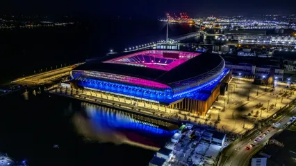 A view taken from a drone of Everton’s new Hill Dickinson Stadium at Bramley-Moore Dock with the lights on at night. Picture date: Wednesday January 29, 2025. (Photo by Peter Byrne/PA Images via Getty Images)