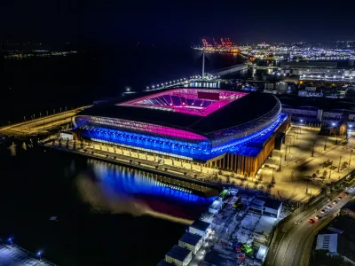 A view taken from a drone of Everton’s new Hill Dickinson Stadium at Bramley-Moore Dock with the lights on at night. Picture date: Wednesday January 29, 2025. (Photo by Peter Byrne/PA Images via Getty Images)