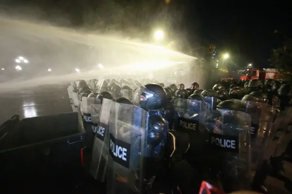 Police use a water cannon to block protesters during an opposition rally in the city center of Tbilisi, Georgia, on Saturday, Oct. 4, 2025, boycotting the municipal elections and call for the release of political opponents. (AP Photo/Zurab Tsertsvadze)(ASSOCIATED PRESS)