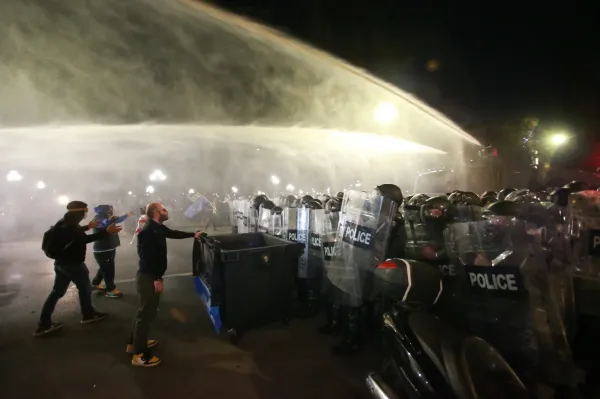 Police use a water cannon to block protesters during an opposition rally in the city center of Tbilisi, Georgia, on Saturday, Oct. 4, 2025, boycotting the municipal elections and call for the release of political opponents. (AP Photo/Zurab Tsertsvadze)(ASSOCIATED PRESS)