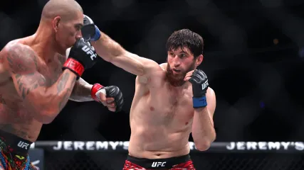 Magomed Ankalaev of Russia (R) fights Alex Pereira of Brazil in a Light Heavyweight Title fight during UFC 313 at T-Mobile Arena on March 08, 2025 in Las Vegas, Nevada.