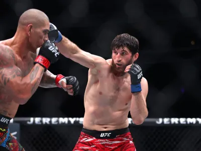 Magomed Ankalaev of Russia (R) fights Alex Pereira of Brazil in a Light Heavyweight Title fight during UFC 313 at T-Mobile Arena on March 08, 2025 in Las Vegas, Nevada.