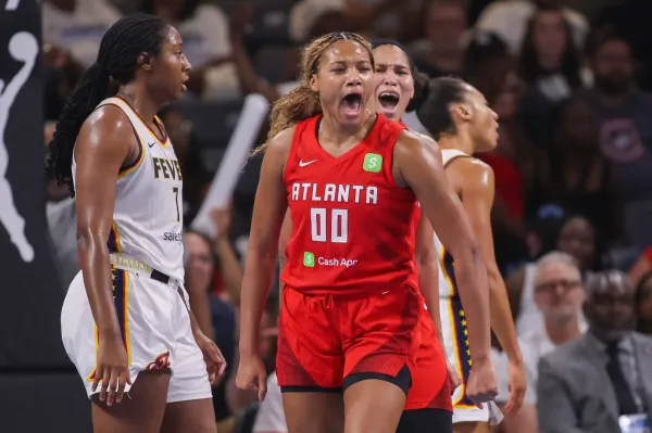 Sept 14: Atlanta Dream forwards Naz Hillmon (00) and Brionna Jones react after a basket against the Indiana Fever during Game 1 of their first-round series at Gateway Center Arena in College Park, Georgia. The Dream won 80-68.