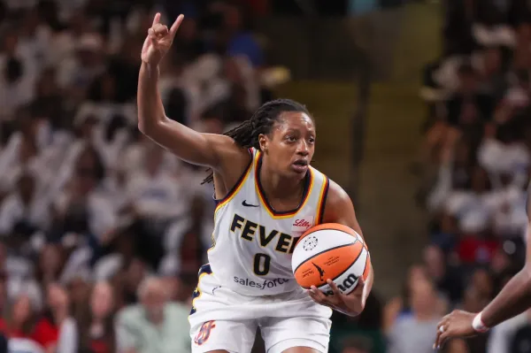 Sept 14: Indiana Fever guard Kelsey Mitchell calls a play against the Atlanta Dream during Game 1 of their first round series in College Park, Georgia. The Dream won 80-68.
