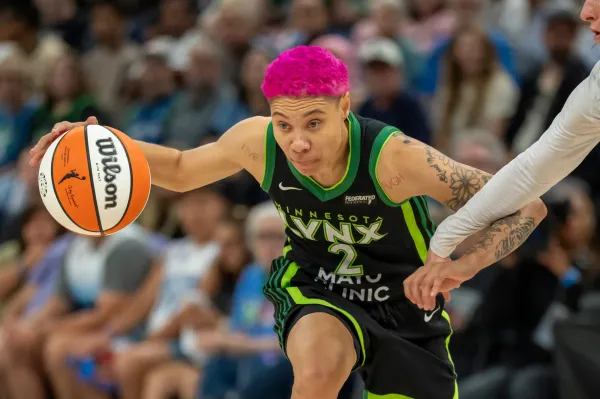 Sept 14: Minnesota Lynx guard Natisha Hiedeman (2) dribbles the ball against the Golden State Valkyries during Game 1 of their first-round series at the Target Center in Minneapolis. The Lynx won 101-72.