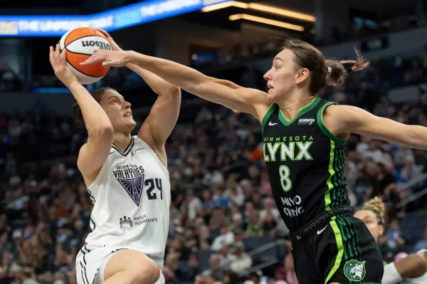 Sept. 14: Golden State Valkyries forward Cecilia Zandalasini (24) shoots the ball over Minnesota Lynx forward Alanna Smith (8) during Game 1 of the first-round series in Minneapolis. The Lynx won 101-72.