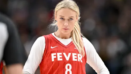 Jun 27, 2025; Dallas, Texas, USA; Indiana Fever guard Sophie Cunningham (8) looks on during the second half against the Dallas Wings at the American Airlines Center. Mandatory Credit: Jerome Miron-Imagn Images© Jerome Miron-Imagn Images