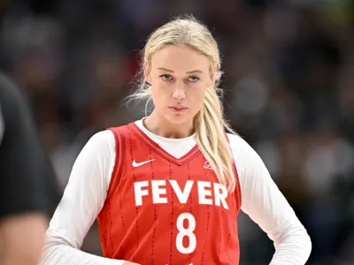 Jun 27, 2025; Dallas, Texas, USA; Indiana Fever guard Sophie Cunningham (8) looks on during the second half against the Dallas Wings at the American Airlines Center. Mandatory Credit: Jerome Miron-Imagn Images© Jerome Miron-Imagn Images