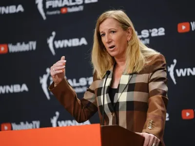 Sep 11, 2022; Las Vegas, Nevada, USA; WNBA commissioner Cathy Engelbert gives an opening statement to the media prior to game one of the 2022 WNBA Finals at Michelob Ultra Arena. Mandatory Credit: Lucas Peltier-USA TODAY Sports
