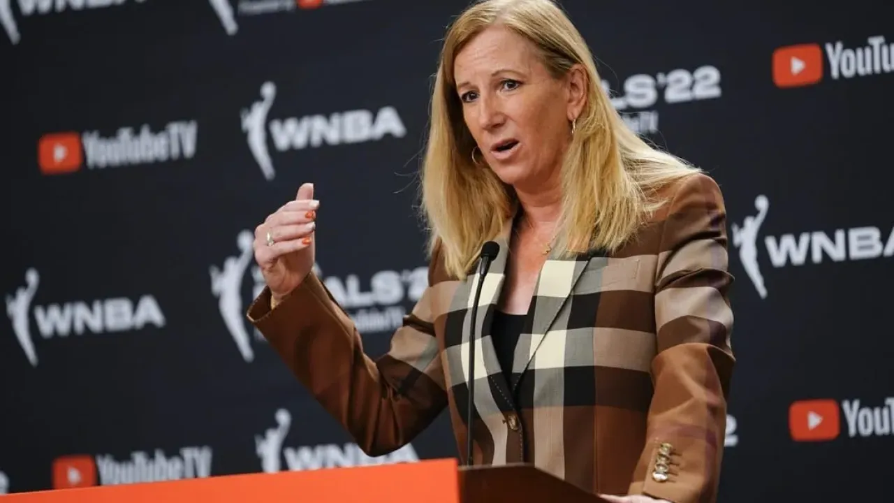 Sep 11, 2022; Las Vegas, Nevada, USA; WNBA commissioner Cathy Engelbert gives an opening statement to the media prior to game one of the 2022 WNBA Finals at Michelob Ultra Arena. Mandatory Credit: Lucas Peltier-USA TODAY Sports