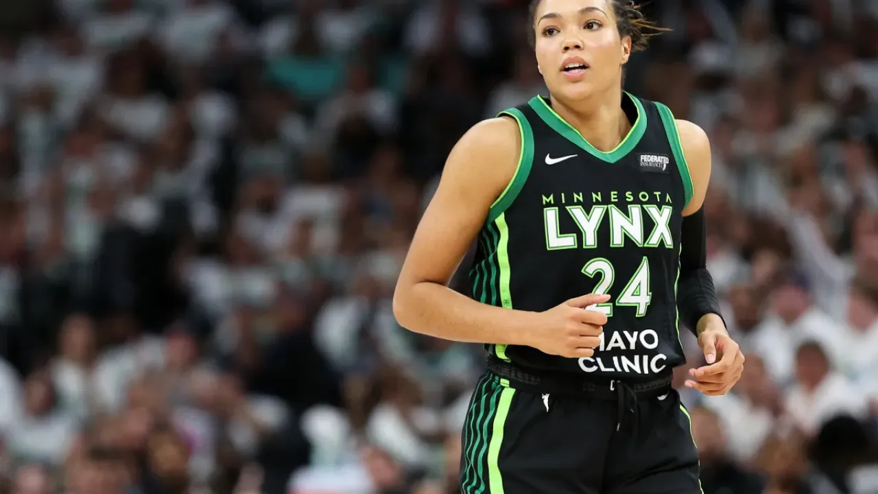 Oct 16, 2024; Minneapolis, Minnesota, USA; Minnesota Lynx forward Napheesa Collier (24) reacts to her basket against the New York Liberty during the first half of game three of the 2024 WNBA Finals at Target Center. Mandatory Credit: Matt Krohn-Imagn Images© Matt Krohn-Imagn Images